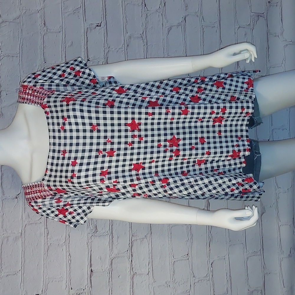 Blue Gingham w Red Stars Top by Lane Bryant Flutter Sleeve Tee 22 24 3X